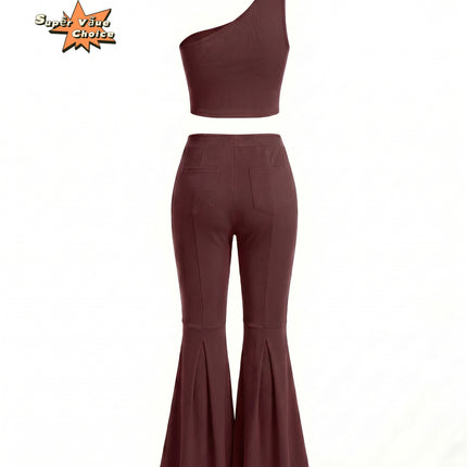 SUPERVALUECHOICE HCSEBB00001 One-Shoulder Crop Top & Flare Pants Two-Piece Set