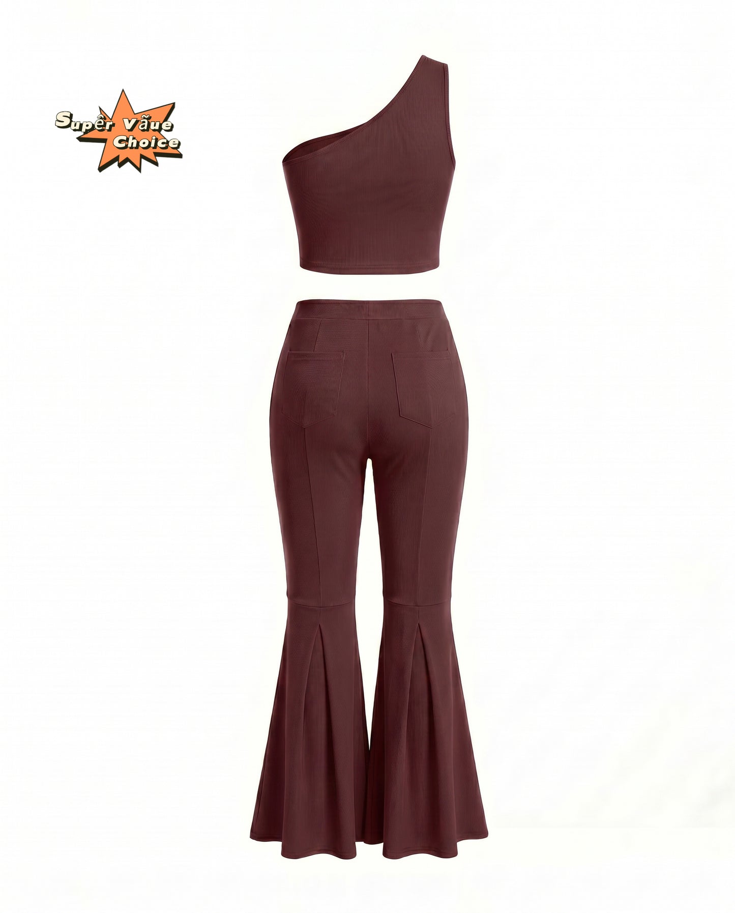 SUPERVALUECHOICE HCSEBB00001 One-Shoulder Crop Top & Flare Pants Two-Piece Set