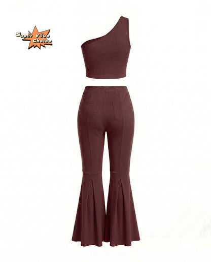 SUPERVALUECHOICE HCSEBB00001 One-Shoulder Crop Top & Flare Pants Two-Piece Set