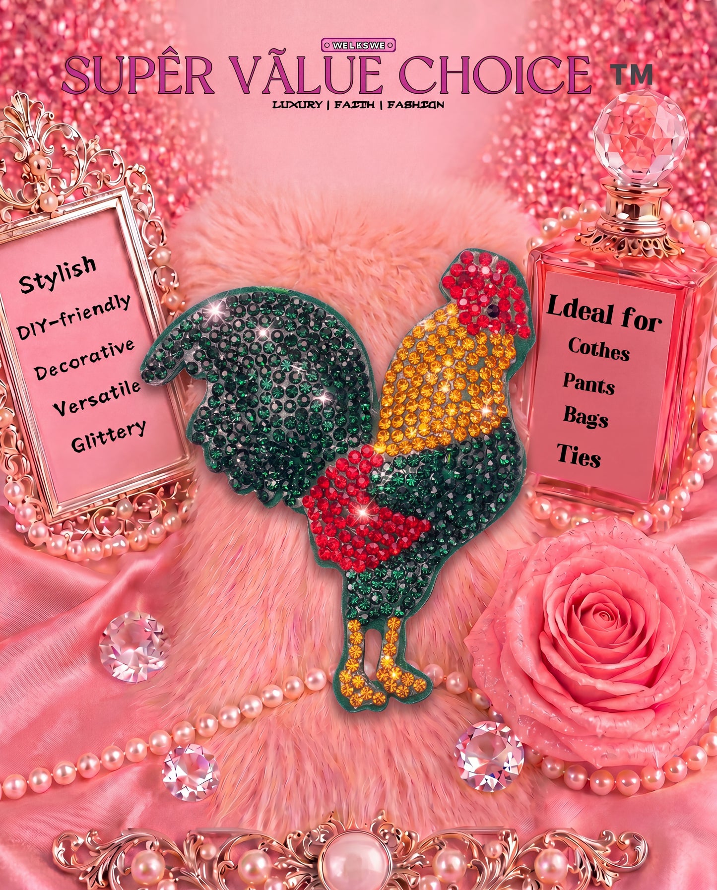 SUPERVALUECHOICE HCSESA00039 Rhinestone Chicken Keychain & Brooch Sparkly Accessory