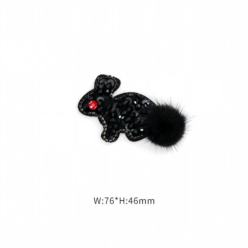 SUPÊR VÃLUE CHOICE  HCSEYD00012 Black Animal Sequin Rhinestone Applique Fluffy Fur Pom Pom Cat Rabbit Mouse Sew On Patch for Jacket Jeans Bag DIY Decor