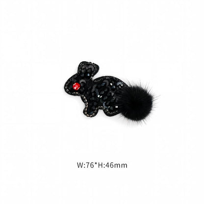 SUPÊR VÃLUE CHOICE  HCSEYD00012 Black Animal Sequin Rhinestone Applique Fluffy Fur Pom Pom Cat Rabbit Mouse Sew On Patch for Jacket Jeans Bag DIY Decor