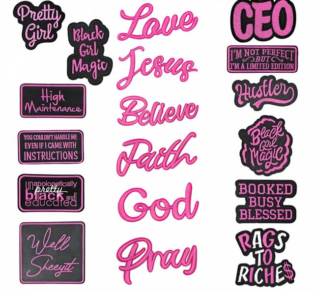 SUPERVALUECHOICE HCSEYSB00021  Pink Black Girl Slogan Embroidered Iron On Patches Apparel Craft Decor Appliques