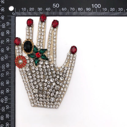 SUPÊR VÃLUE CHOICE  HCSEYB00082 Vintage Hand Shape Rhinestone Patch Red Green Crystal Beaded Applique for Clothing Decoration Patch 3.94"W × 3.43"H