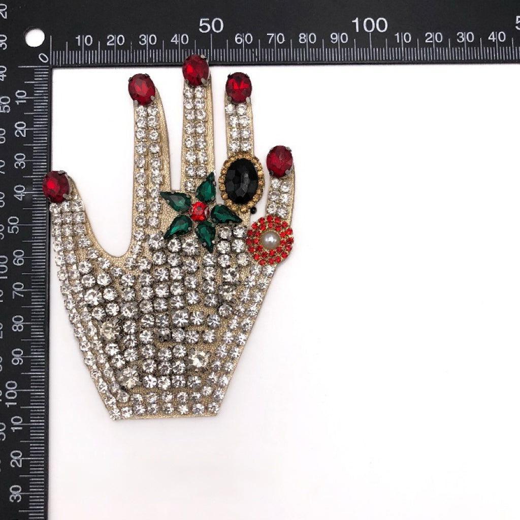 SUPÊR VÃLUE CHOICE  HCSEYB00082 Vintage Hand Shape Rhinestone Patch Red Green Crystal Beaded Applique for Clothing Decoration Patch 3.94"W × 3.43"H