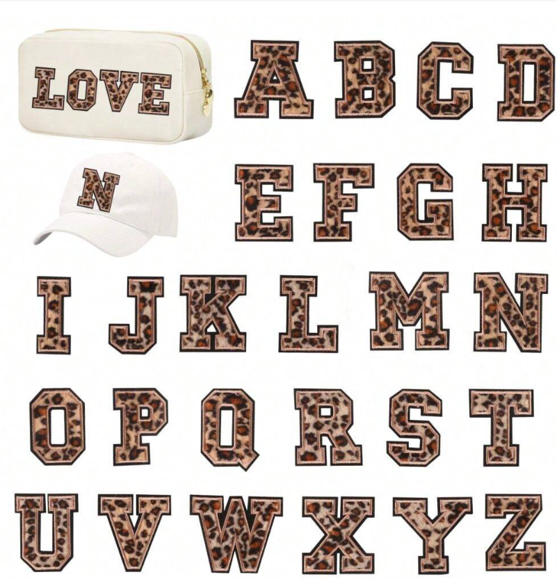 SUPERVALUECHOICE HCSEYSF00005 Leopard Faux Fur Texture 26 Alphabet Letter Iron On Embroidered Patches Varsity Style Appliques for Denim Jeans Bag Personalized Craft Supply