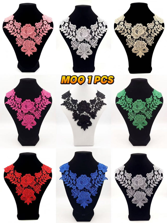 SUPERVALUECHOICE HCSEYB00091 Hollow Floral Guipure Lace Neck Applique Vibrant Color Rose Embroidery Collar Patch for Blouse Formal Wear Sew Decoration 12.59'' X 12.59''