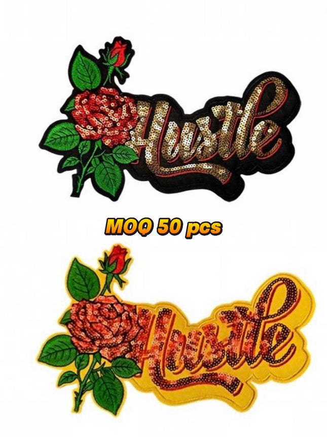 SUPERVALUECHOICE HCSEYC00020 Pre-Order MOQ 50 50 PCS Large Size Rose Sequin Embroidered Iron On Patch Motivational Floral Letter Applique for Denim Jacket Backpack Streetwear Decor