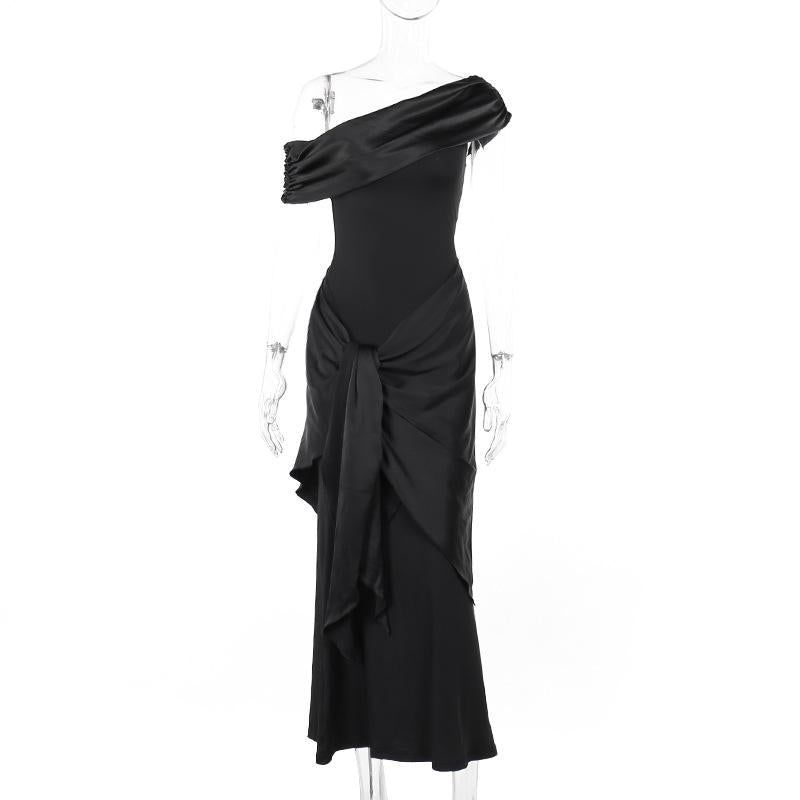 SVCD000049 Single-shoulder net tulle ribbon dress, a new stylish and form-fitting black long dress in an ins European and American style