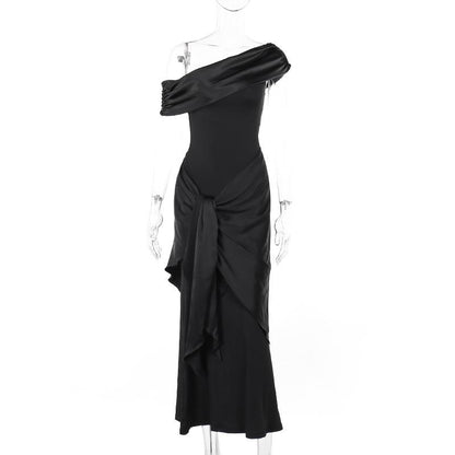 SVCD000049 Single-shoulder net tulle ribbon dress, a new stylish and form-fitting black long dress in an ins European and American style