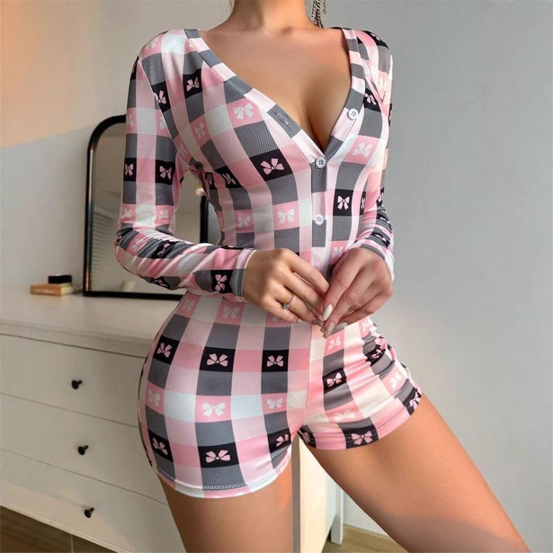 SVCP000095 Tight deep V-neck bow check print long-sleeved one-piece pajamas