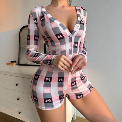 SVCP000095 Tight deep V-neck bow check print long-sleeved one-piece pajamas