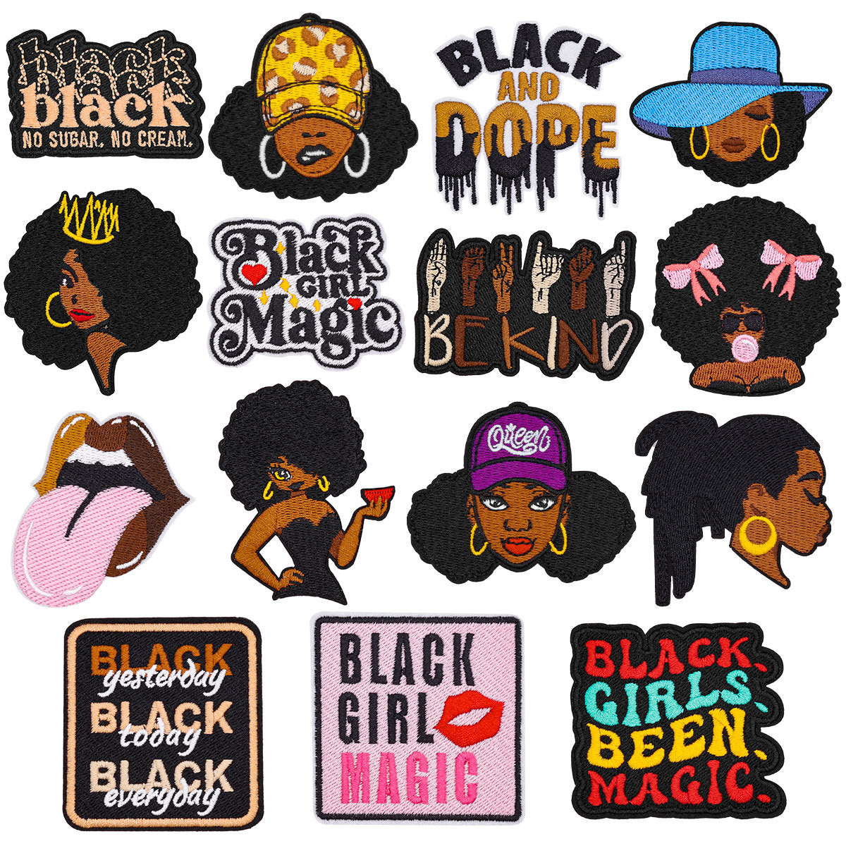 SUPERVALUECHOICE HCSEYSB00108 15Pcs Black Girl Magic Themed Embroidered Iron On Patches Apparel DIY Sewing Decor Appliques