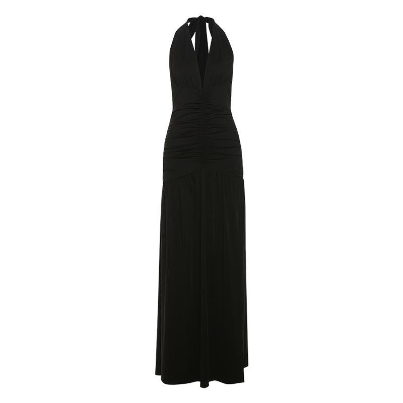 SVCD000032 Sexy V-neck halter dress with a slit pleated backless