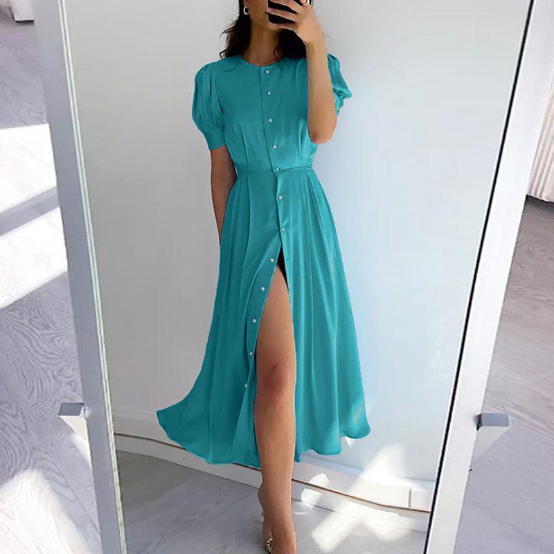 SVCD000023 High-waisted, solid color, fashionable, and slit European and American dress with a feminine style for commuting