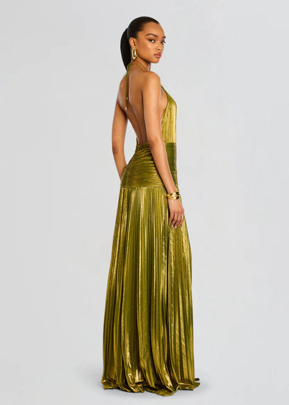 SUPERVALUECHOICE HCSEAA00002 Halter Neck Pleated Metallic Maxi Dress