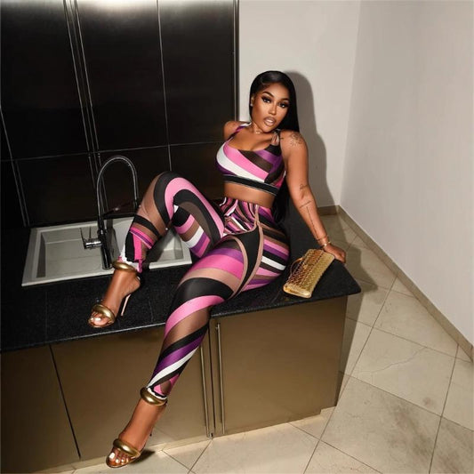 SVCM000093  Color-blocking printed top, vest and long pants set