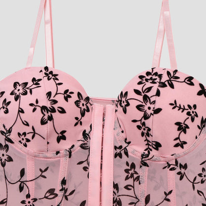 SVCT000088 Sexy corset, velvet lace flower, spicy V-neck fishbone button mini vest