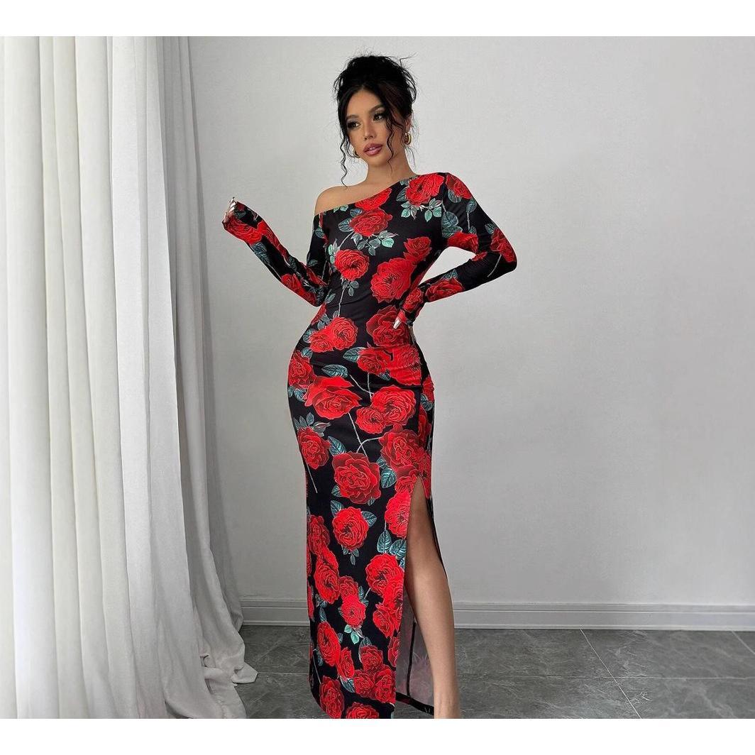 SVCD000035 Elegant rose slit figure-hugging dress, fashionable and sexy printed slimming long dress