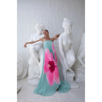 SVCD000009 Summer women's dress with pleated positioning print and a strapless big swing