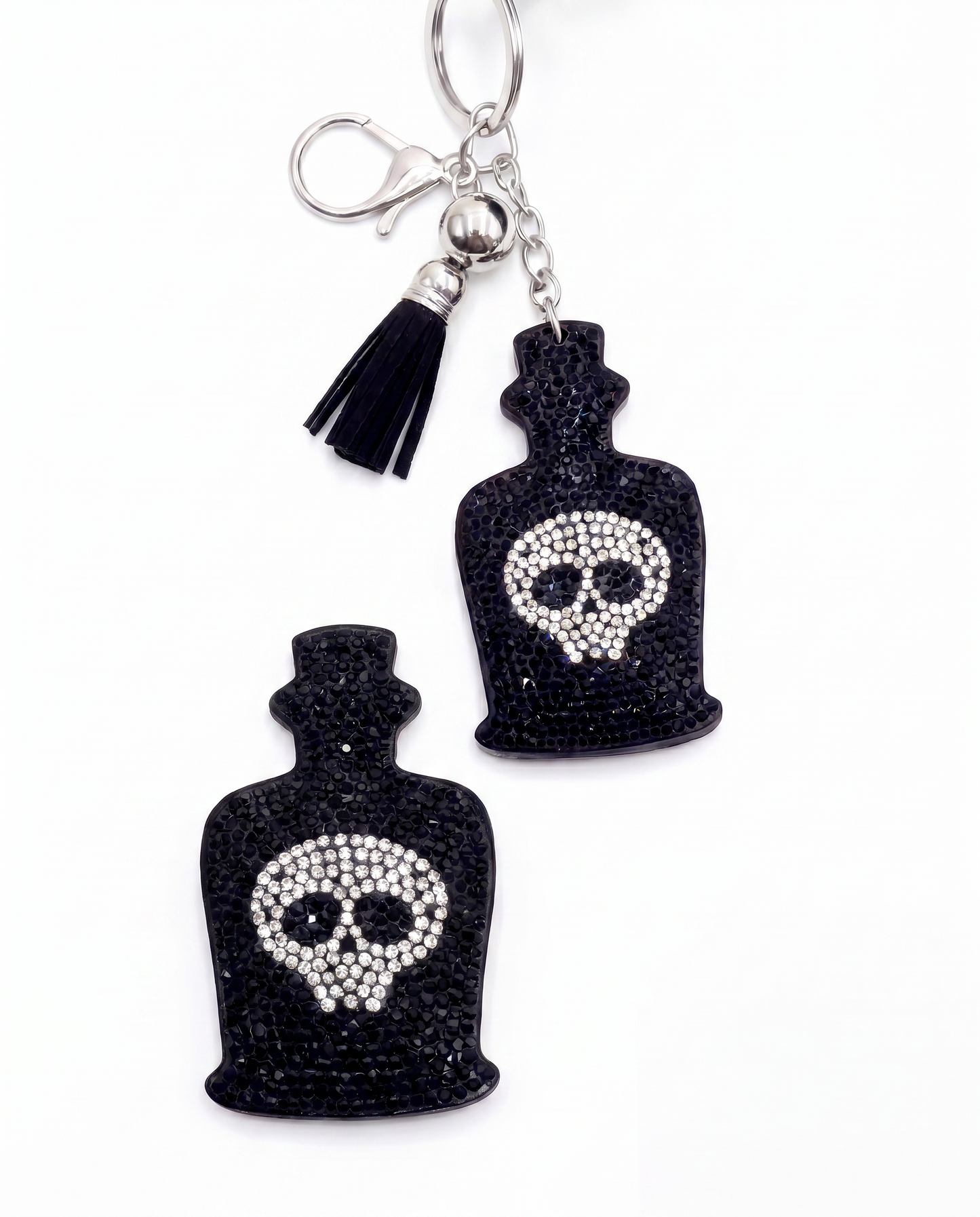 SUPERVALUECHOICE HCSESA00033 Sparkly Black Skull Bottle Rhinestone Keychain & Brooch