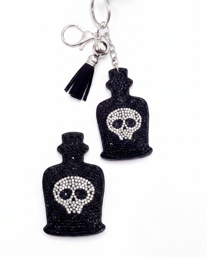 SUPERVALUECHOICE HCSESA00033 Sparkly Black Skull Bottle Rhinestone Keychain & Brooch