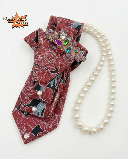 SUPERVALUECHOICE HCSEZA00037 Red Floral Necktie with Multicolor Rhinestone Brooch - For Parties & Special Events