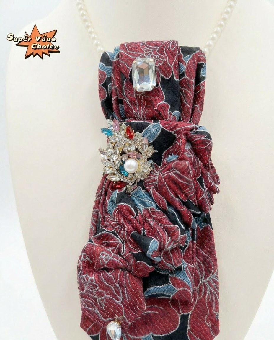 SUPERVALUECHOICE HCSEZA00035 Floral Necktie with Multicolor Crystal Brooch - Ideal for Parties & Night Outs