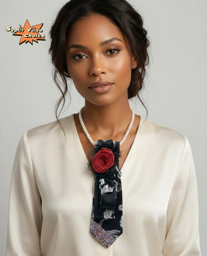 SUPERVALUECHOICE HCSEZA00033 Black Floral Print Necktie with Red Rose Brooch