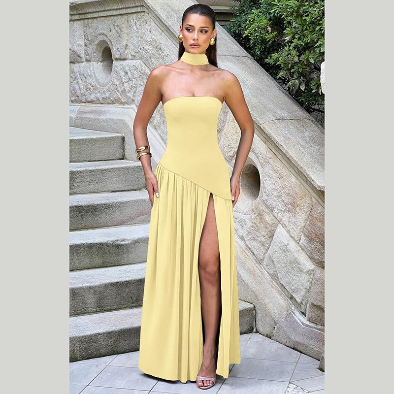 SVCD000037 Sexy and elegant solid-color side-slit strapless dress with a scarf collar