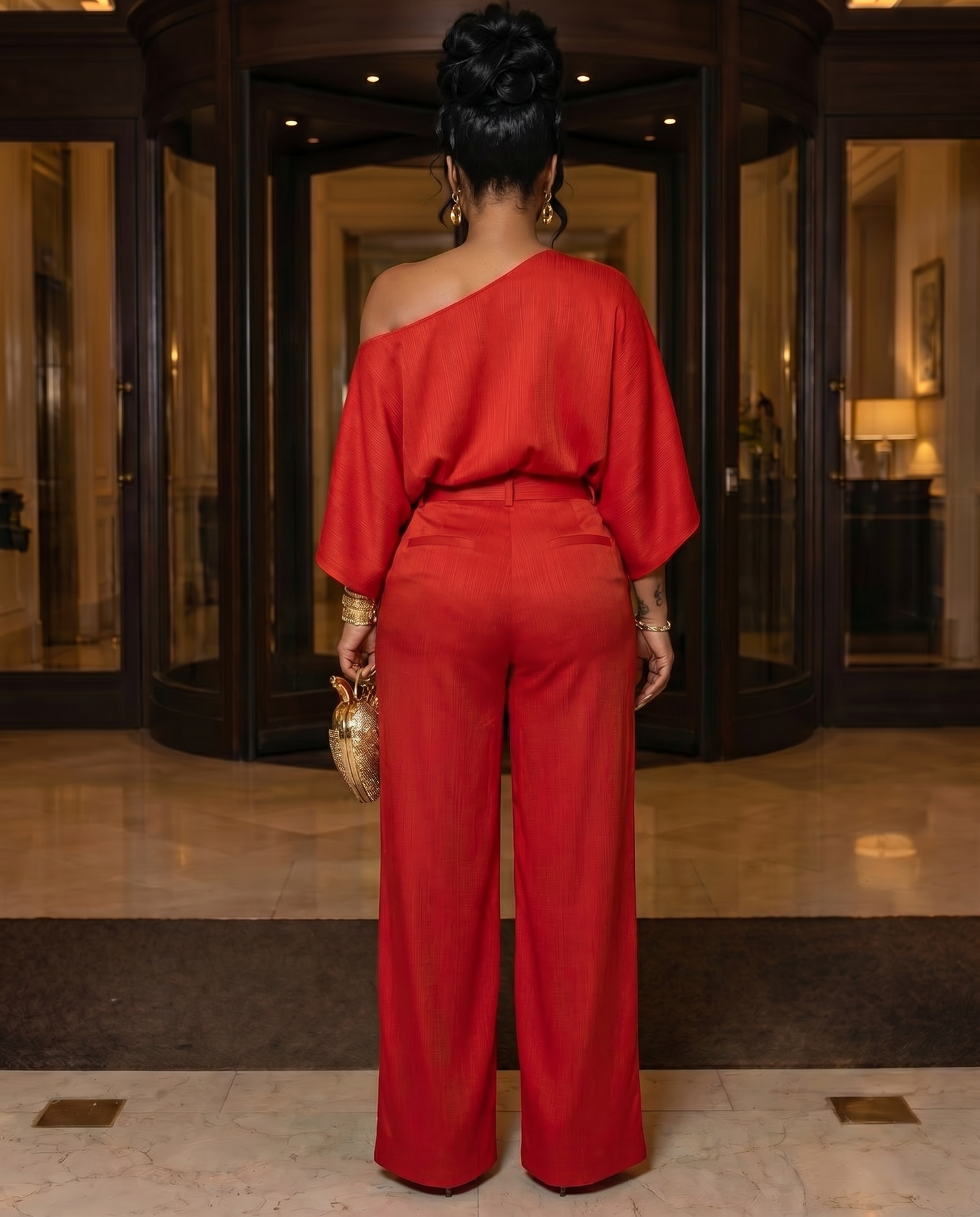 SUPERVALUECHOIC HCSEW00041 Tamale Festival 2pieceset Vacation Quiet luxury, loud presence lookbook 2026 JUMPSUITS Maxi Outfit  hides my lower belly SpringRed Satin-Soft Stretchy  Puff Sleeve  & Lantern Pants – Curve-Hugging, UPF50+ Womenswear casual
