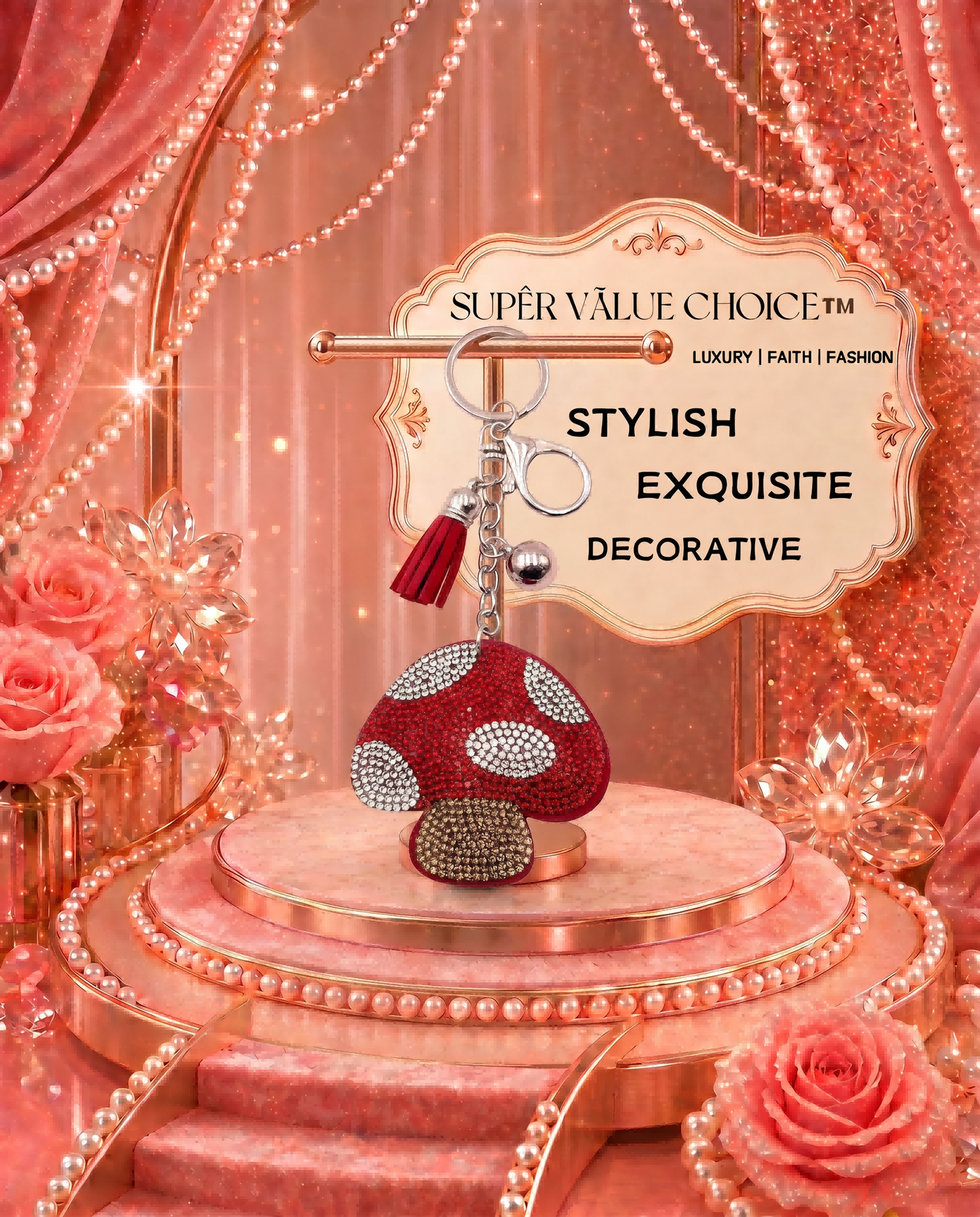 SUPERVALUECHOICE HCSESA00032 Bling Mushroom Brooch Pin & Keyring with Tassel