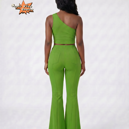 SUPERVALUECHOICE HCSEBB00001 One-Shoulder Crop Top & Flare Pants Two-Piece Set