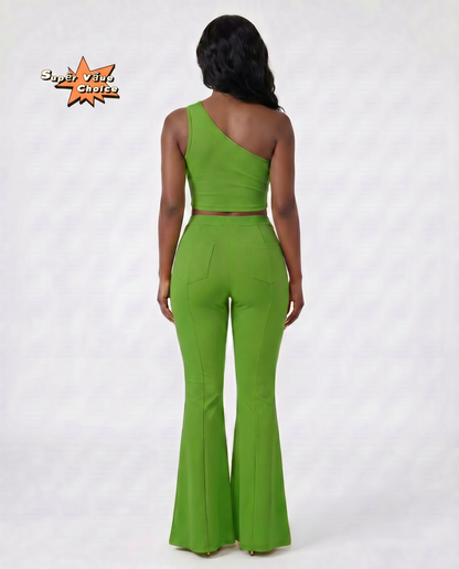 SUPERVALUECHOICE HCSEBB00001 One-Shoulder Crop Top & Flare Pants Two-Piece Set