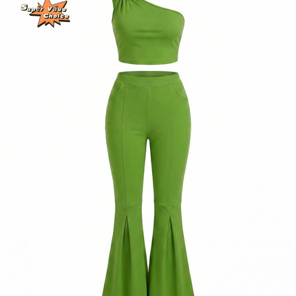 SUPERVALUECHOICE HCSEBB00001 One-Shoulder Crop Top & Flare Pants Two-Piece Set