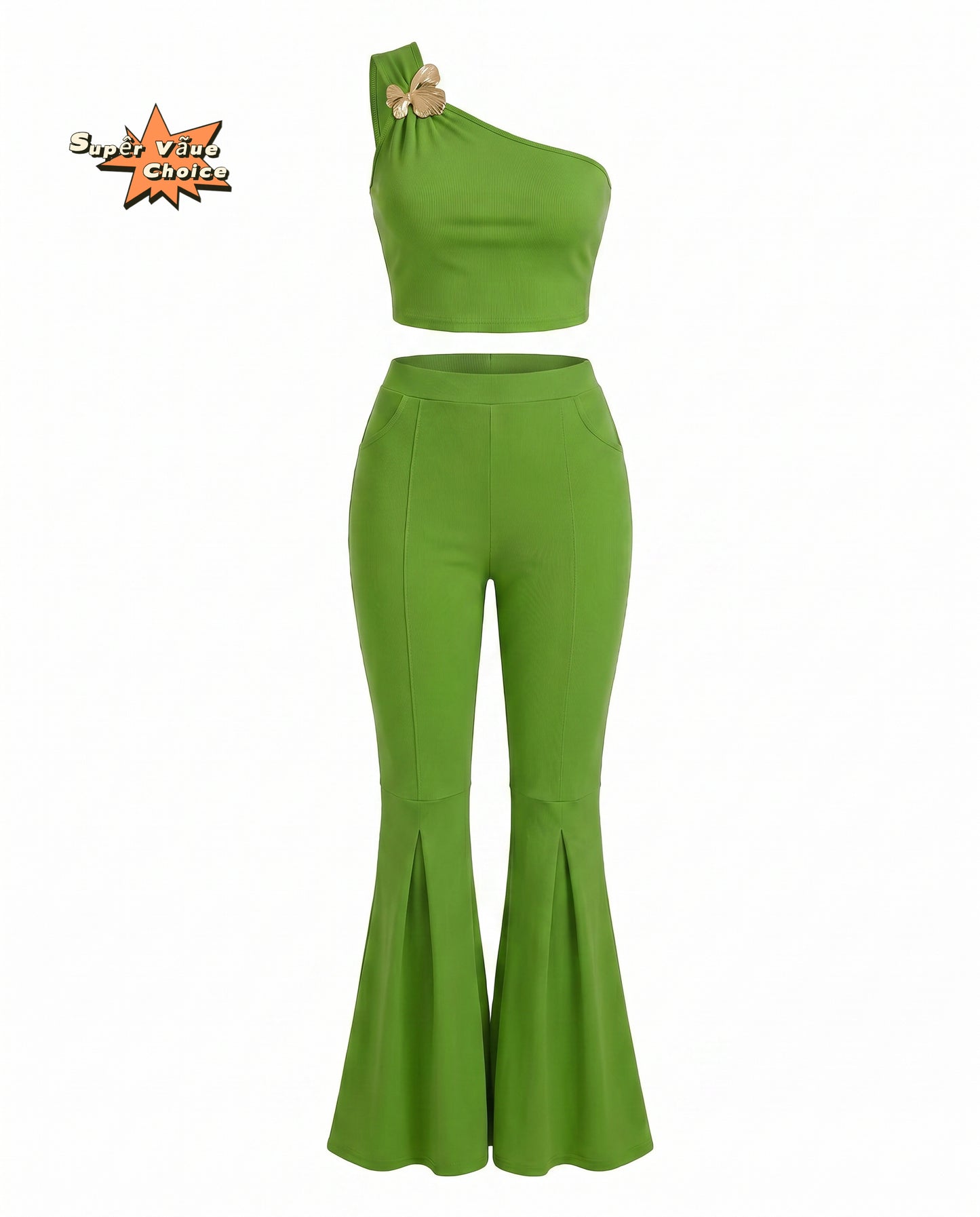 SUPERVALUECHOICE HCSEBB00001 One-Shoulder Crop Top & Flare Pants Two-Piece Set