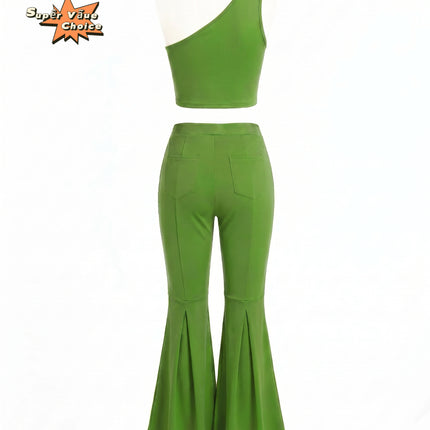 SUPERVALUECHOICE HCSEBB00001 One-Shoulder Crop Top & Flare Pants Two-Piece Set