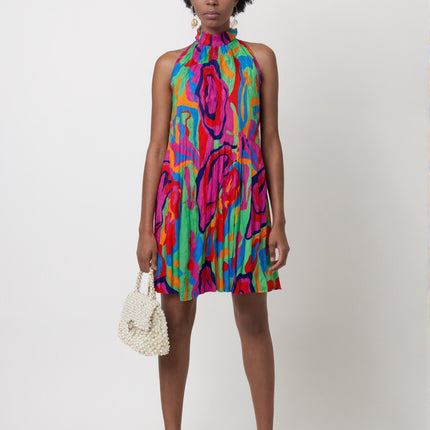 SVCD000101Summer fashion temperament printed sleeveless, off-the-shoulder stand collar fashion pleated dress