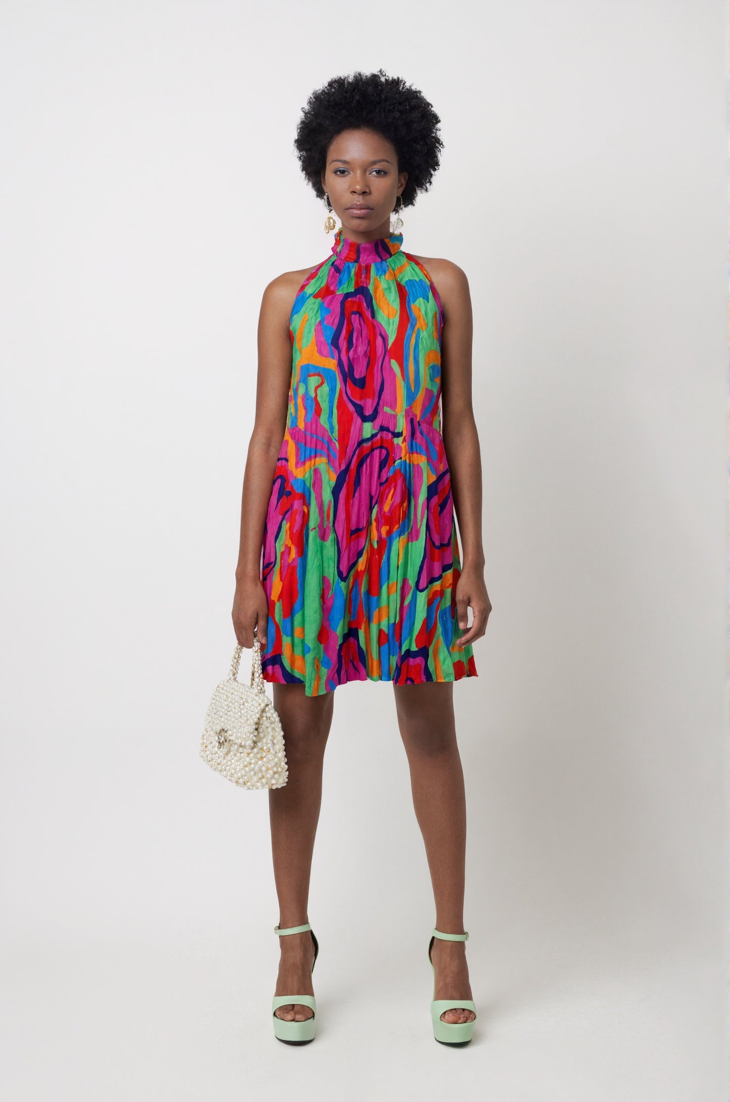 SVCD000101Summer fashion temperament printed sleeveless, off-the-shoulder stand collar fashion pleated dress