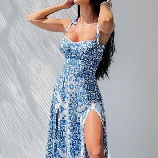 SVCD000006 Summer fashion printed halter V-neck slit sexy European and American dress