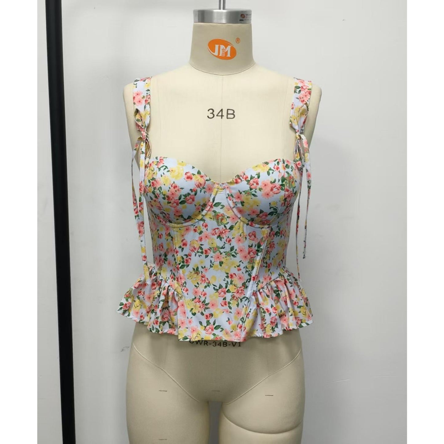 SVCST000017 Adjustable floral lace-up, fishbone corset, cinched waist, ruffled strappy vest