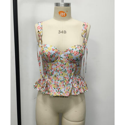 SVCST000017 Adjustable floral lace-up, fishbone corset, cinched waist, ruffled strappy vest