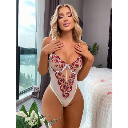 SVCSH000102  Lace embroidered sexy underwear see-through one-piece pajama