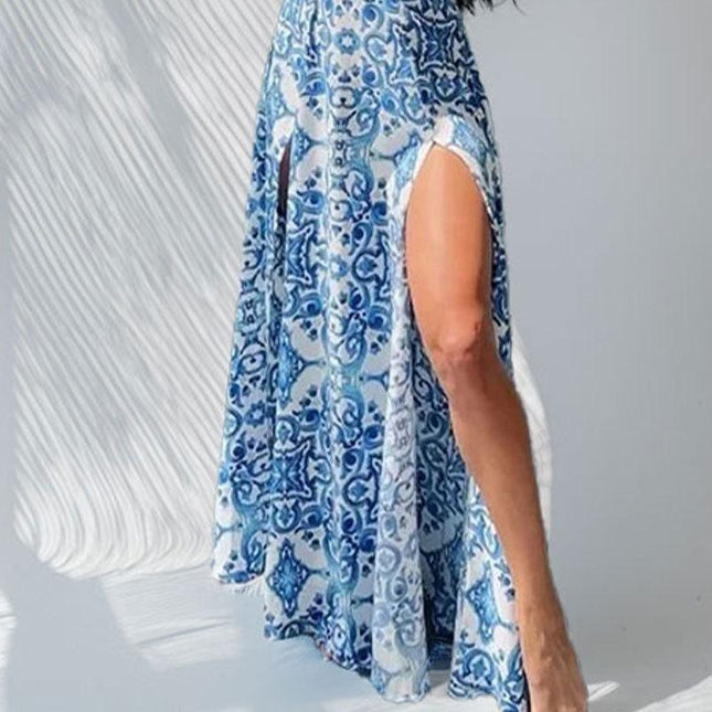 SVCD000006 Summer fashion printed halter V-neck slit sexy European and American dress