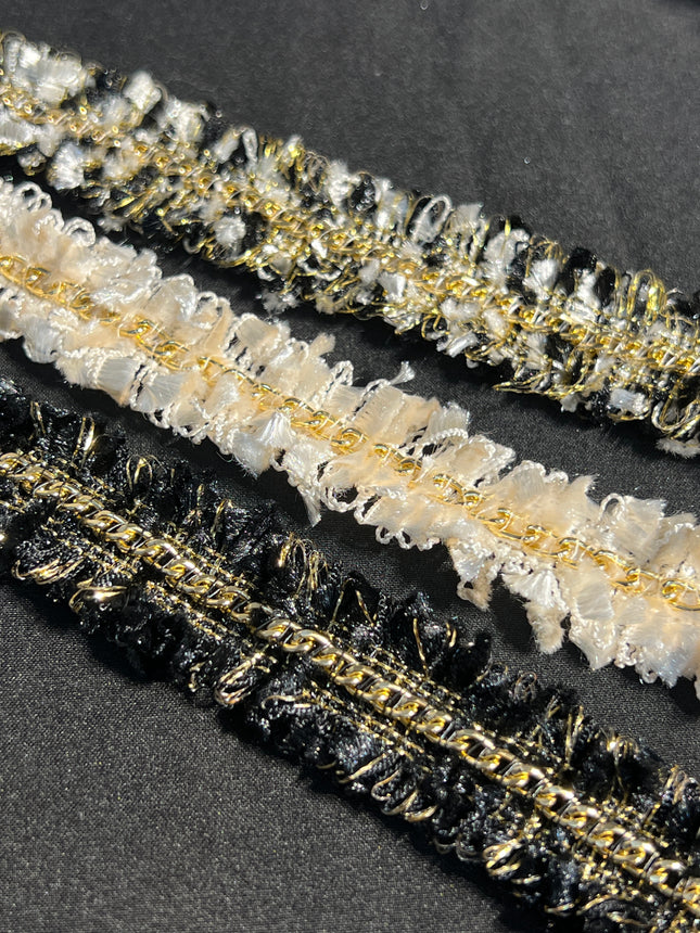 SuperValueChoice HCSEOA00001 Luxury Gold Chain Fringe Tweed Lace Trim Ribbon Vintage Fringed Tassel Edge Tape for Clothing Trucker Hat Bar, Embroidered,  Chenille & Sequin Patches Tie DIY Sewing Craft Decor,width 0.78in
