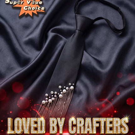 SUPERVALUECHOICE HCSEZC00002 Elegant Black Necktie Adjustable Pre-Tied Silk Necklace with Pearl Rhinestone Tassels for School Wedding Cosplay Party