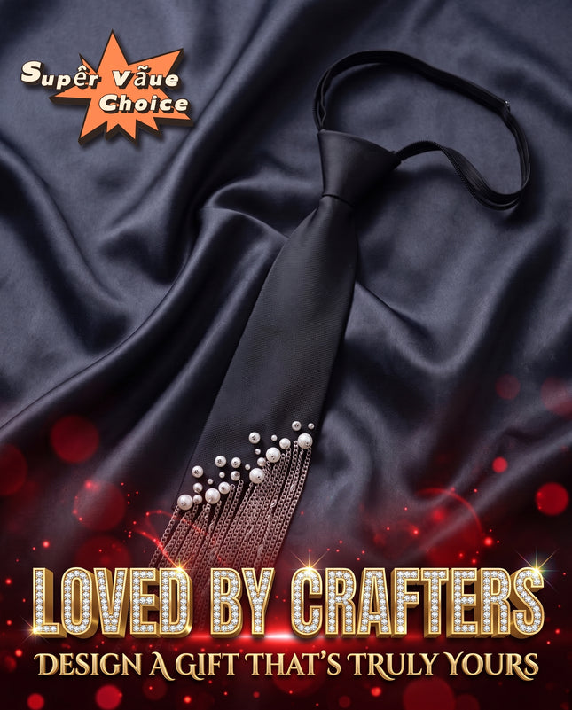SUPERVALUECHOICE HCSEZC00002 Elegant Black Necktie Adjustable Pre-Tied Silk Necklace with Pearl Rhinestone Tassels for School Wedding Cosplay Party