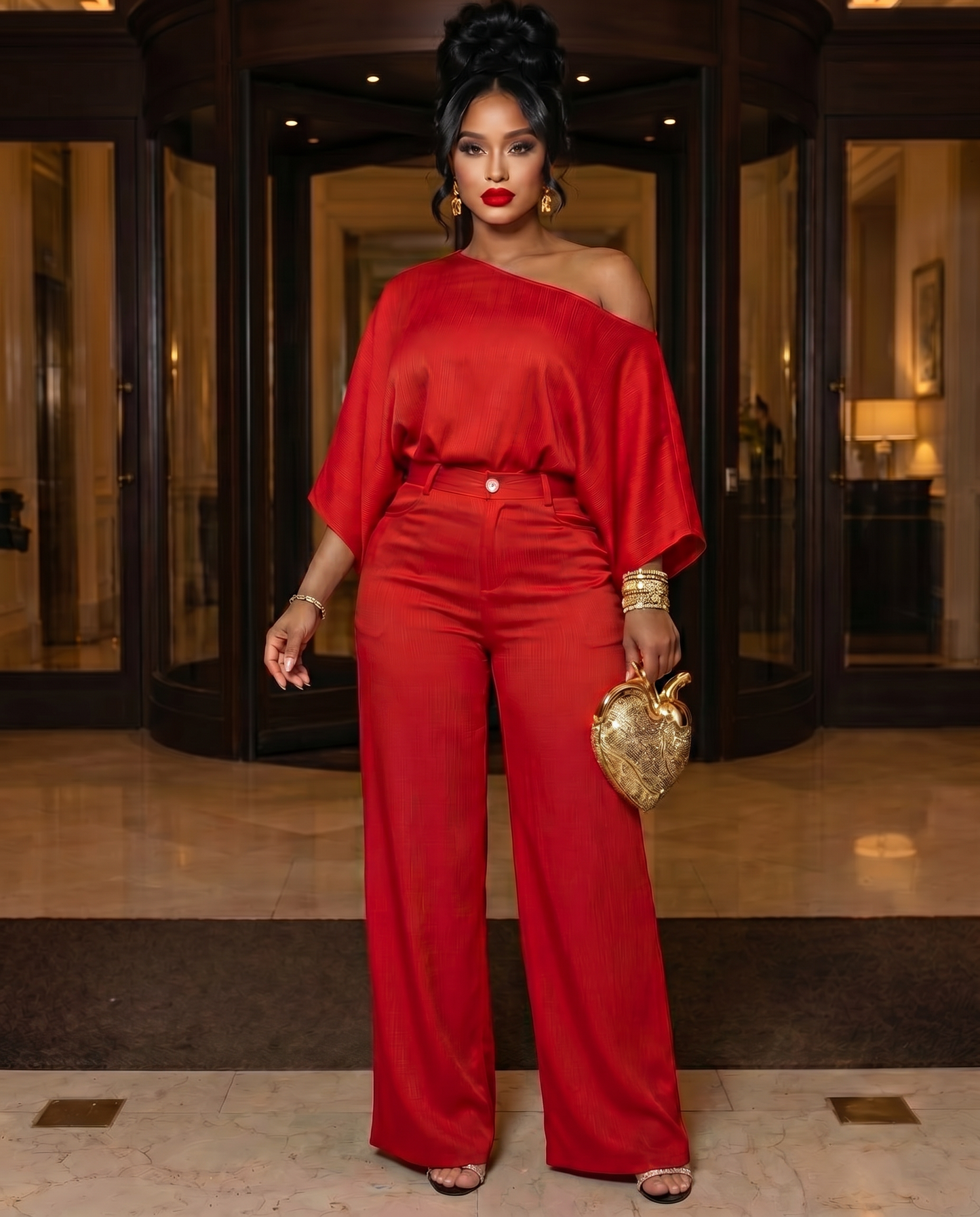 SUPERVALUECHOIC HCSEW00041 Tamale Festival 2pieceset Vacation Quiet luxury, loud presence lookbook 2026 JUMPSUITS Maxi Outfit  hides my lower belly SpringRed Satin-Soft Stretchy  Puff Sleeve  & Lantern Pants – Curve-Hugging, UPF50+ Womenswear casual