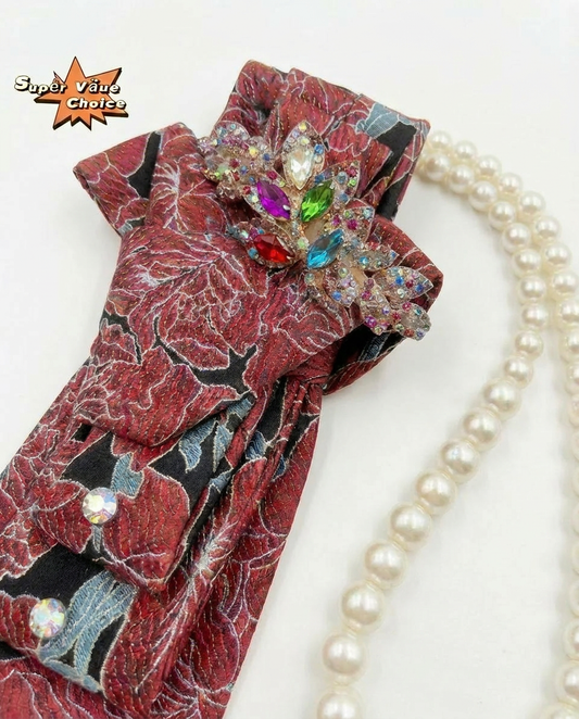 SUPERVALUECHOICE HCSEZA00037 Red Floral Necktie with Multicolor Rhinestone Brooch - For Parties & Special Events