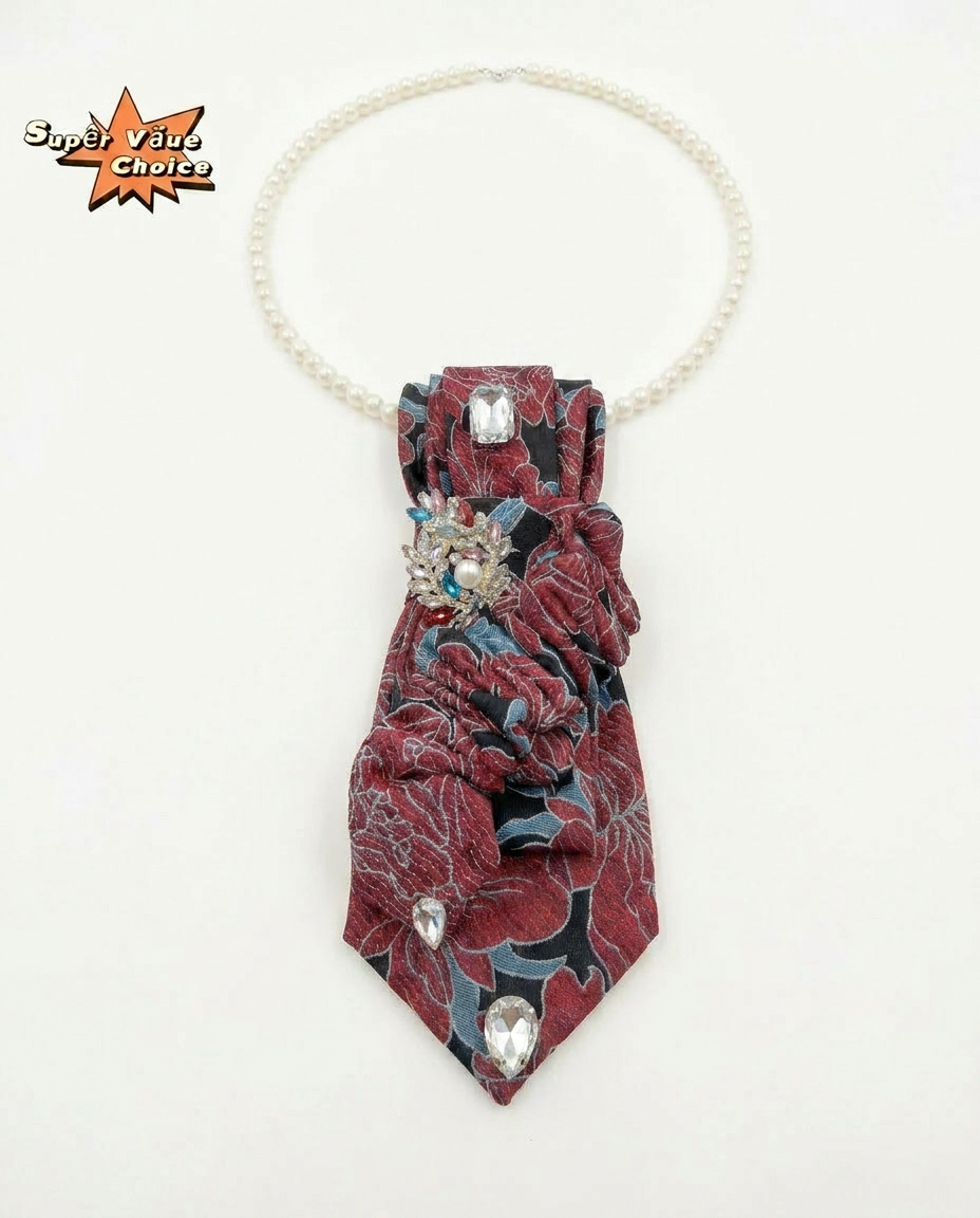 SUPERVALUECHOICE HCSEZA00035 Floral Necktie with Multicolor Crystal Brooch - Ideal for Parties & Night Outs